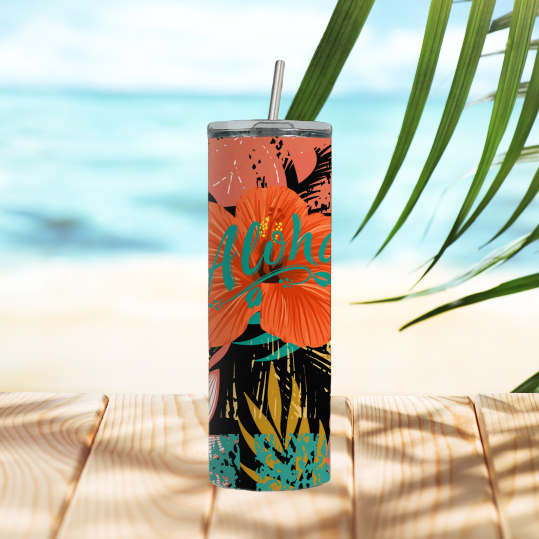 Upgrade your on-the-go hydration game with the Aloha 20-ounce Tumbler. Crafted from durable stainless steel, this tumbler keeps your favorite beverages hot or cold for hours. Stay hydrated and stylish with Aloha.