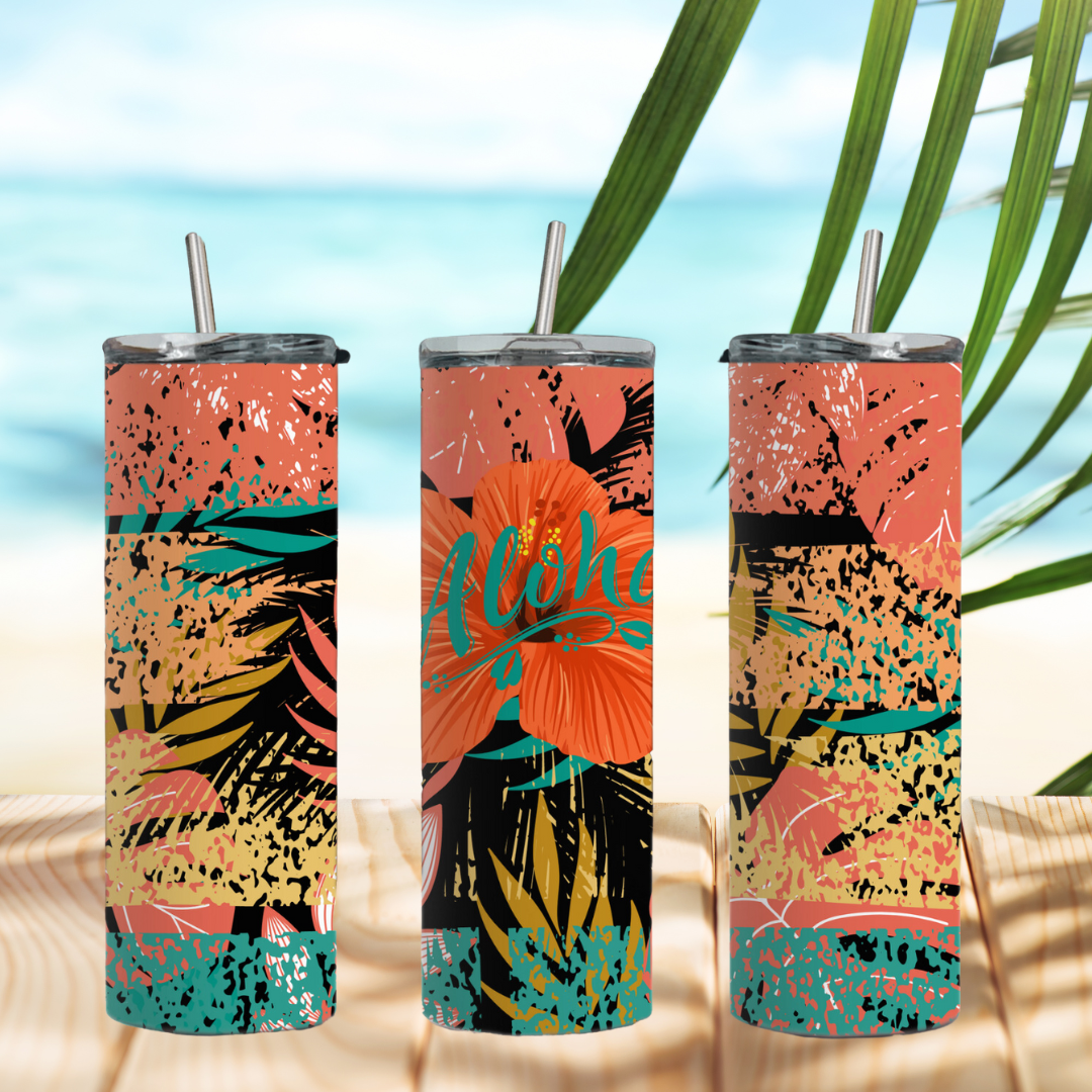 Upgrade your on-the-go hydration game with the Aloha 20-ounce Tumbler. Crafted from durable stainless steel, this tumbler keeps your favorite beverages hot or cold for hours. Stay hydrated and stylish with Aloha.