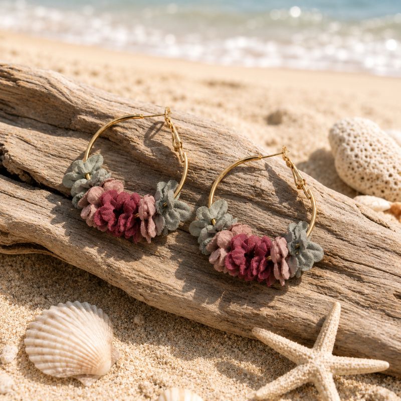 Floral earrings on a piece of driftwood with beach background