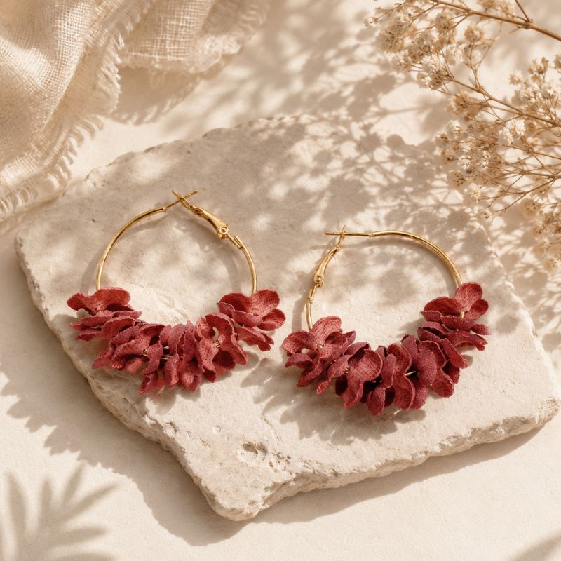 Gold hoop earrings with red floral accents on a stone surface with dried flowers.