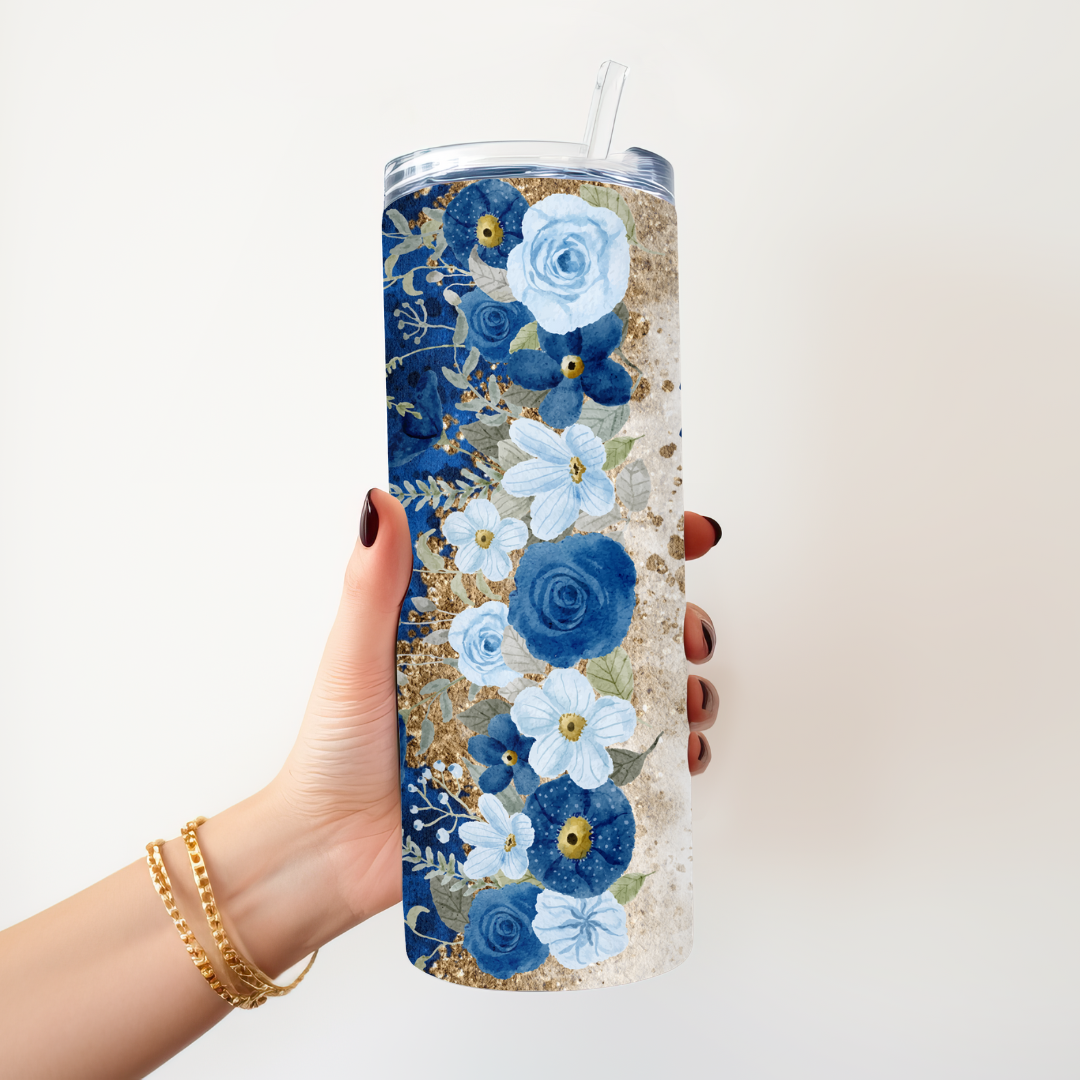 Personalized Blue Floral 20oz Skinny Tumbler with Straw