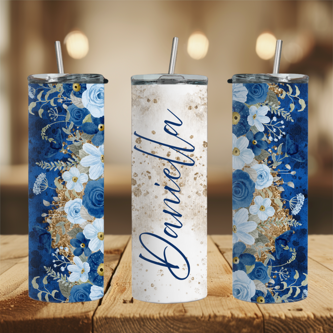 Personalized Blue Floral 20oz Skinny Tumbler with Straw