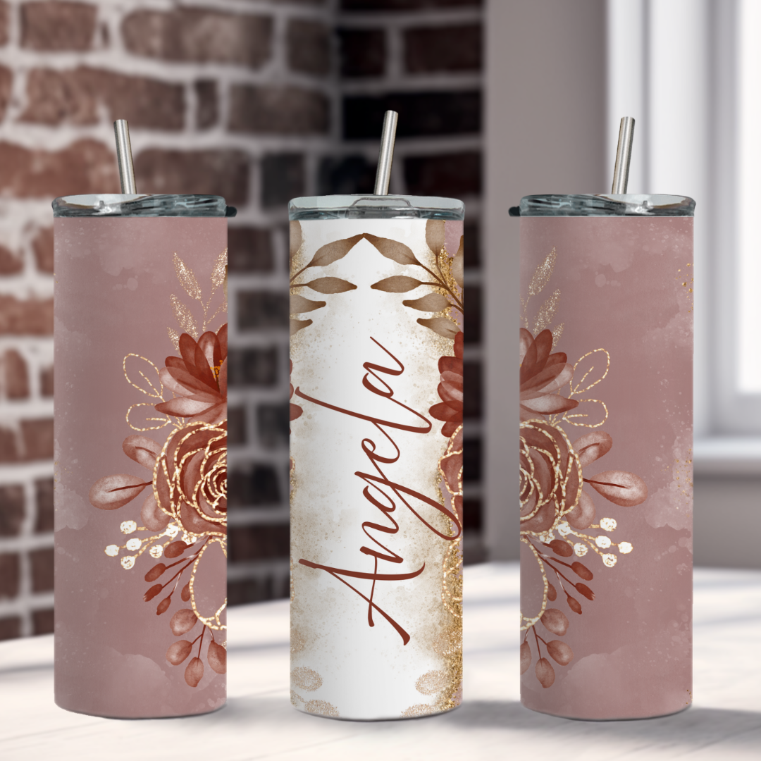 Personalized Glitter Floral Tumbler – Custom Name 20oz Stainless Steel