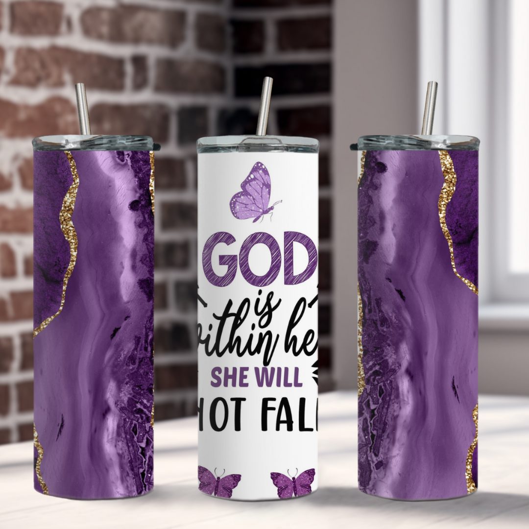 Carry a reminder of faith and strength with you wherever you go with the God is Within Her Stainless Steel Tumbler. This durable tumbler features a beautiful and inspiring design and is made of high-quality stainless steel, keeping your drinks hot or cold for hours.