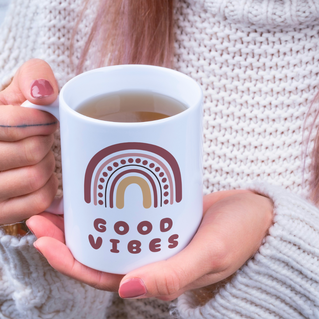 Good Vibes Rainbow Mug – 11 oz Ceramic Coffee & Tea Cup