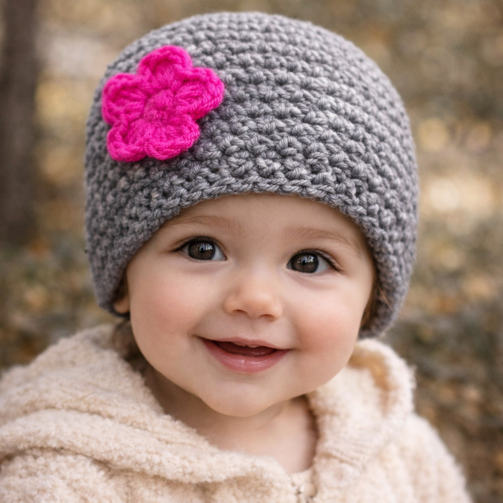 Handmade Gray Crochet Baby Beanie with Pink Flower