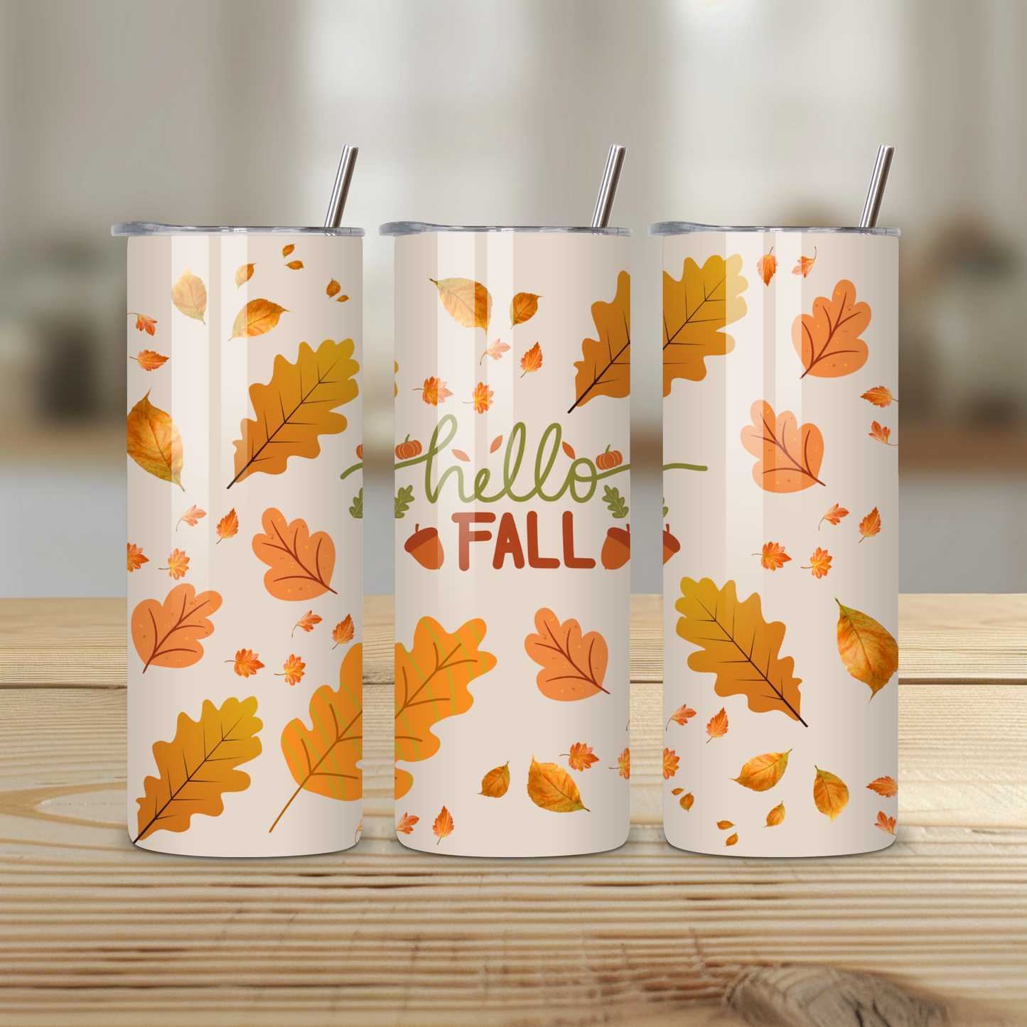 Hello Fall 20oz Skinny Tumbler – Autumn Leaves Design
