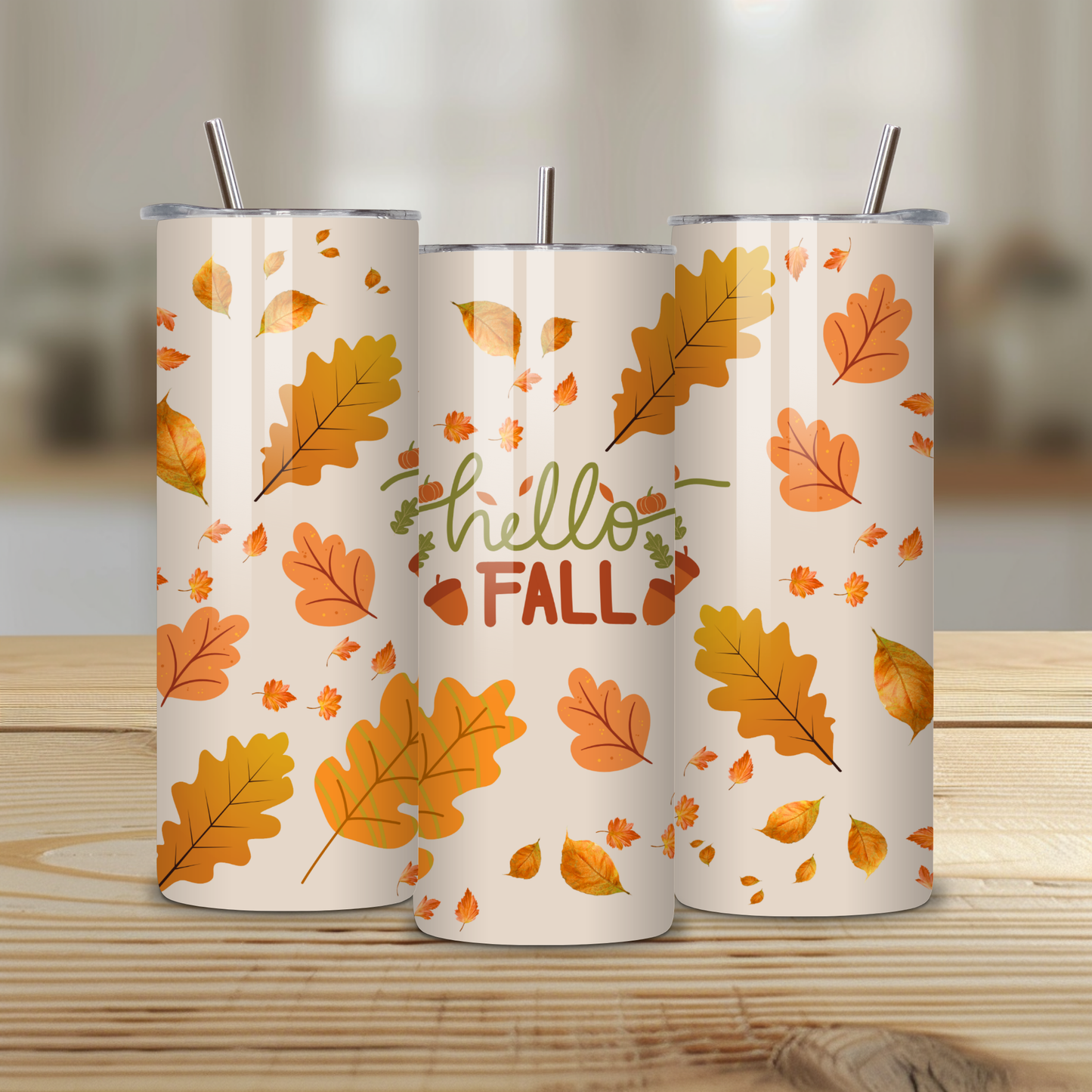 Hello Fall 20oz Skinny Tumbler – Autumn Leaves Design