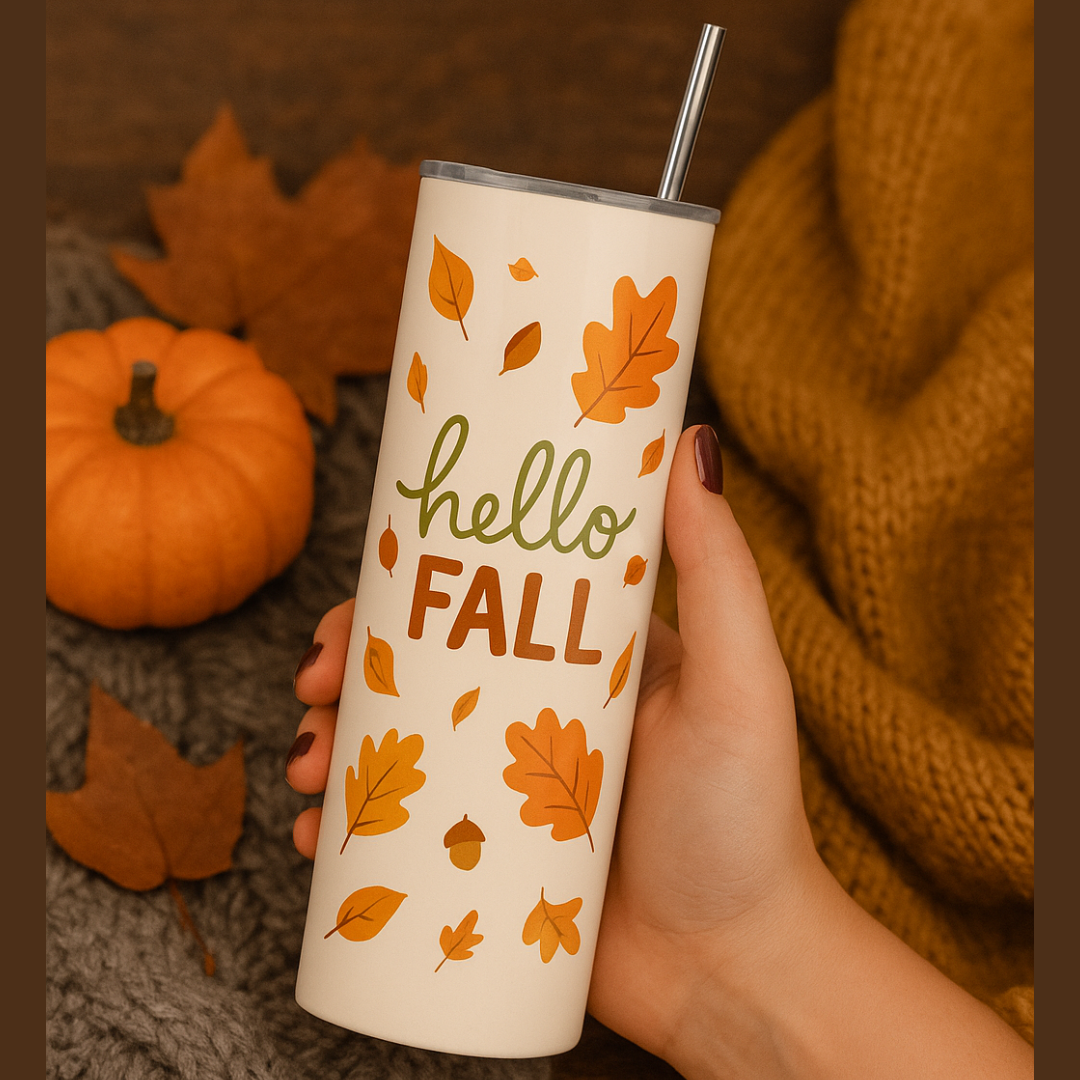 Hand holding a tumbler with 'hello Fall' and leaf design, surrounded by autumn elements.
