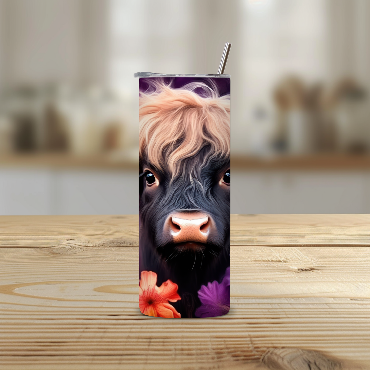 Highland Cow Tropical Floral Stainless Steel Tumbler – 20oz