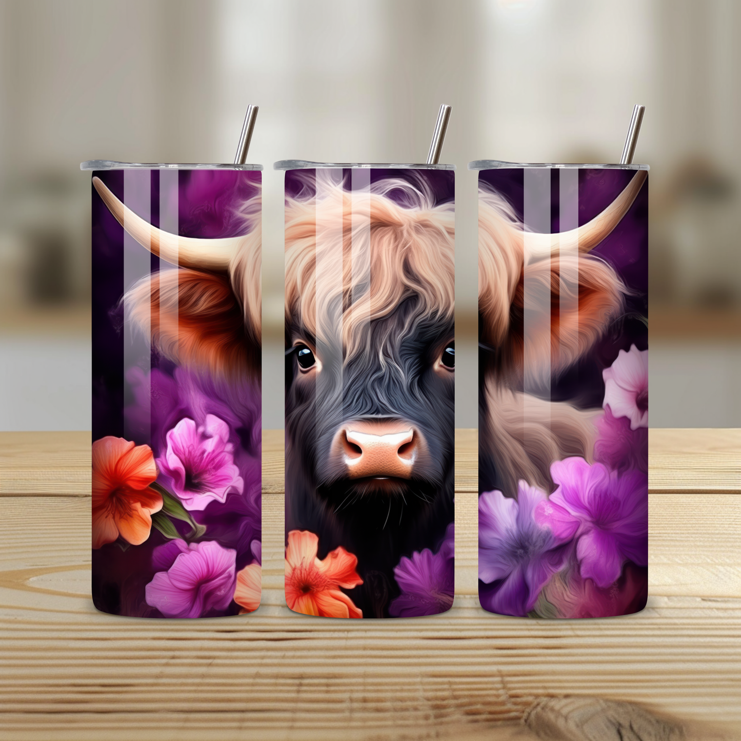Highland Cow Tropical Floral Stainless Steel Tumbler – 20oz