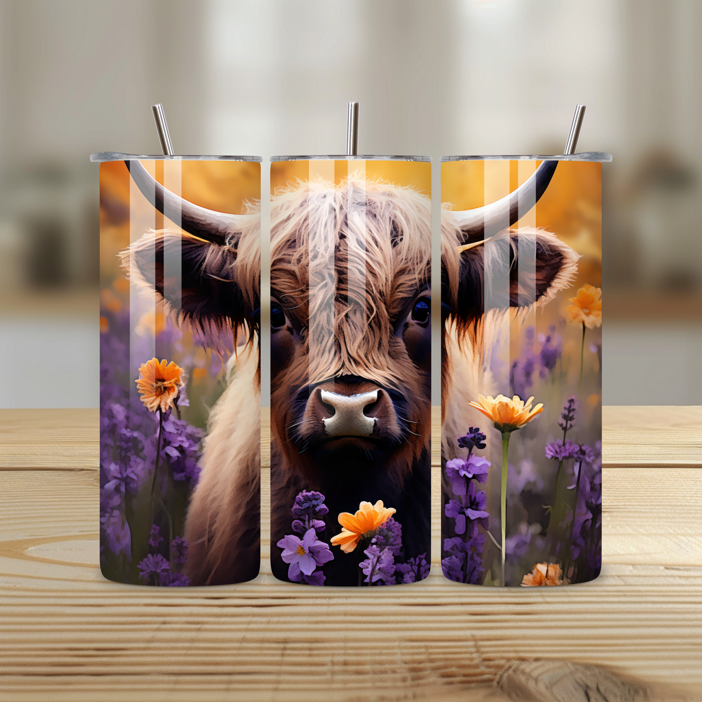 Highland Cow Wildflower Stainless Steel Tumbler – 20oz