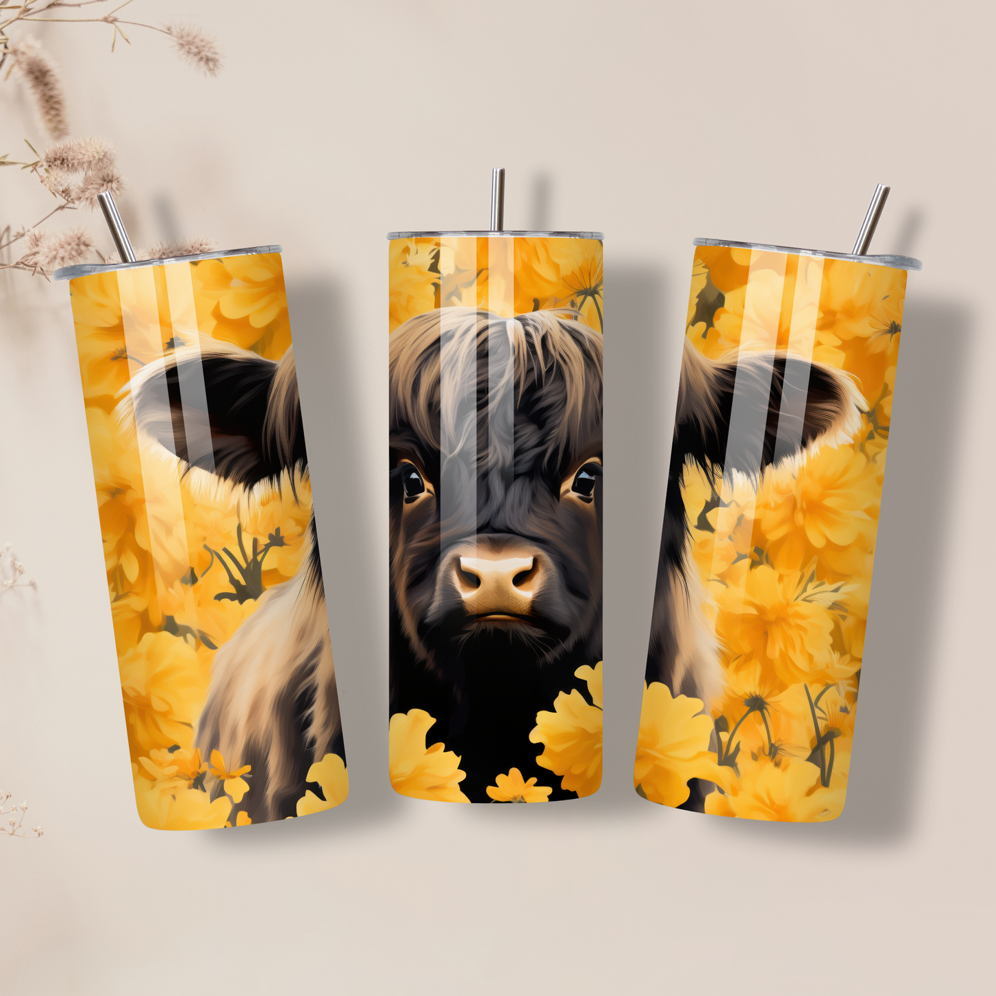 Highland Cow Floral Stainless Steel Tumbler – 20oz