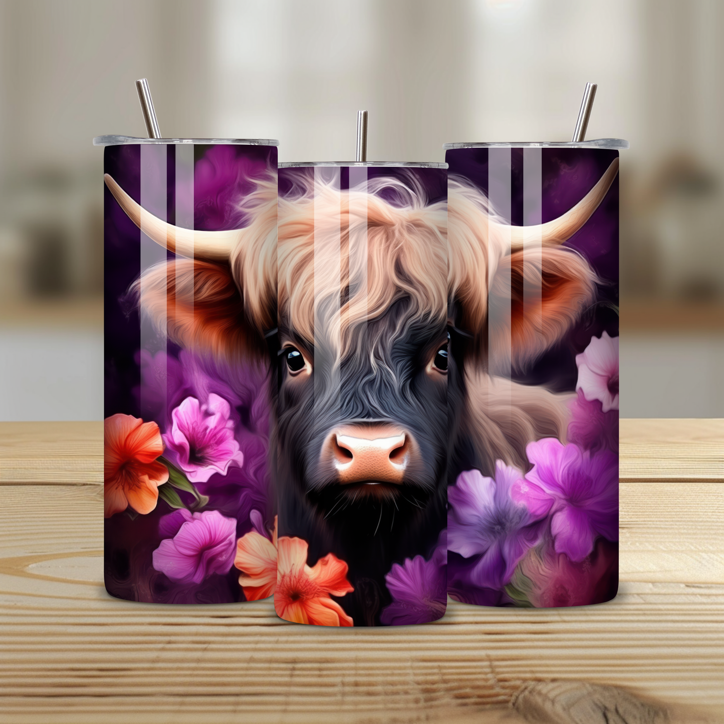 Highland Cow Tropical Floral Stainless Steel Tumbler – 20oz