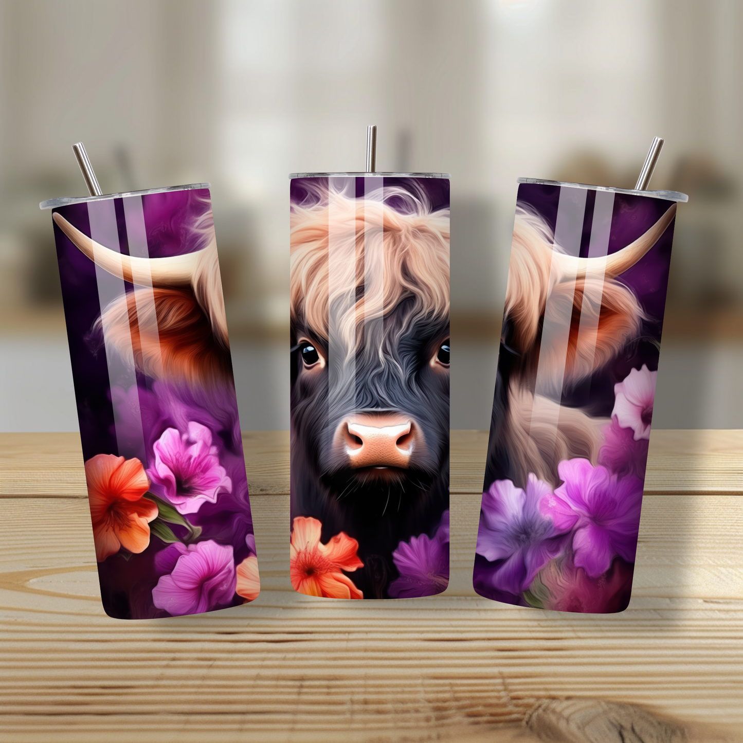 Highland Cow Tropical Floral Stainless Steel Tumbler – 20oz