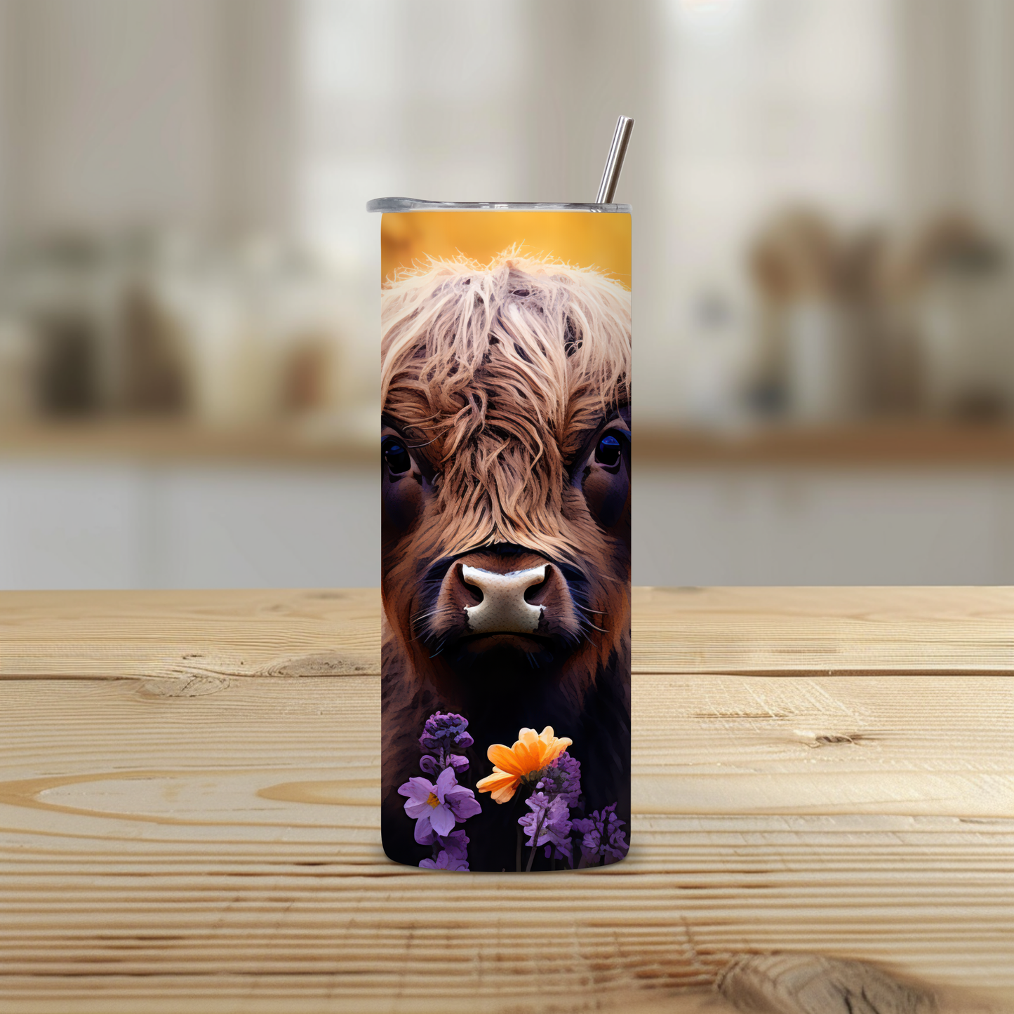 Highland Cow Wildflower Stainless Steel Tumbler – 20oz