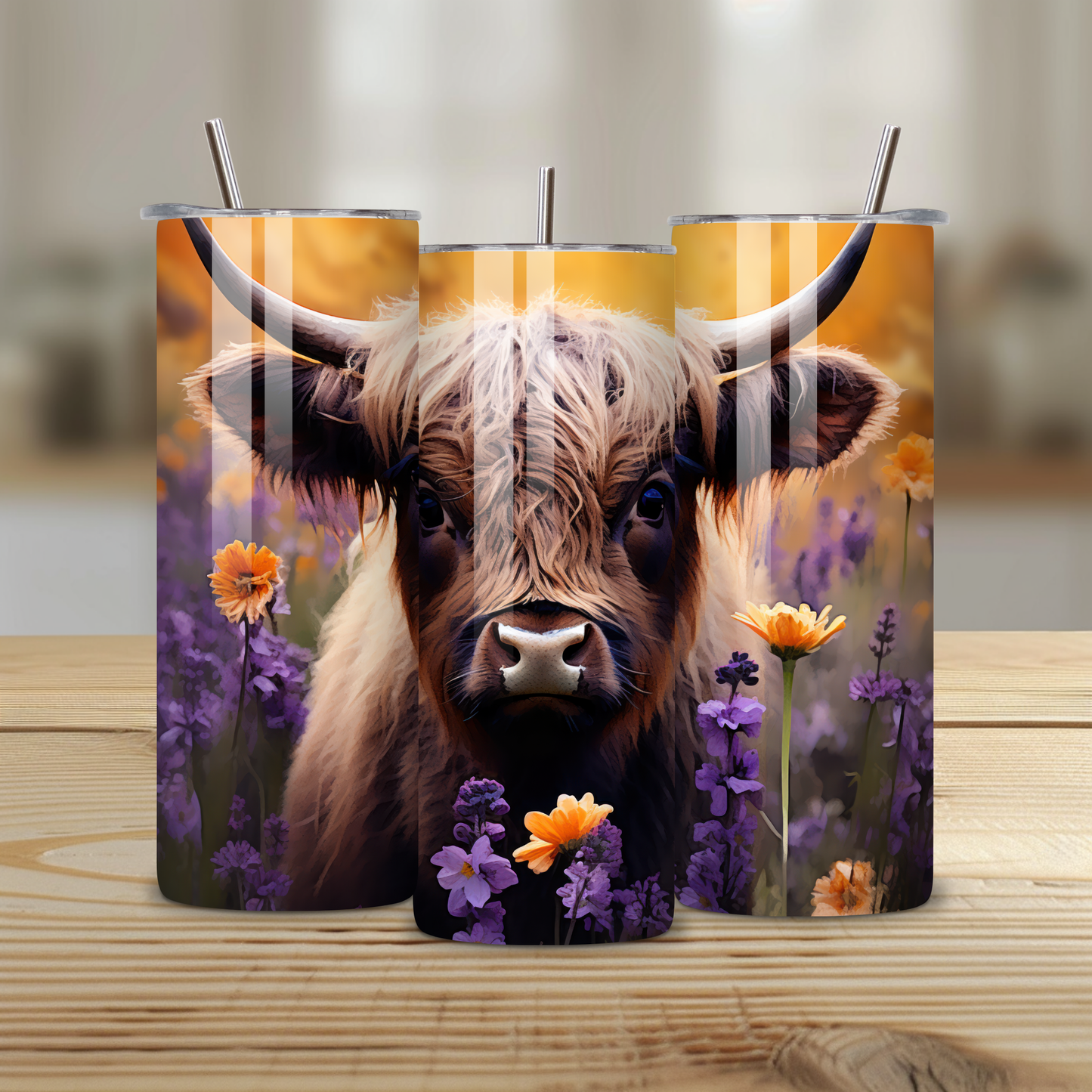 Highland Cow Wildflower Stainless Steel Tumbler – 20oz