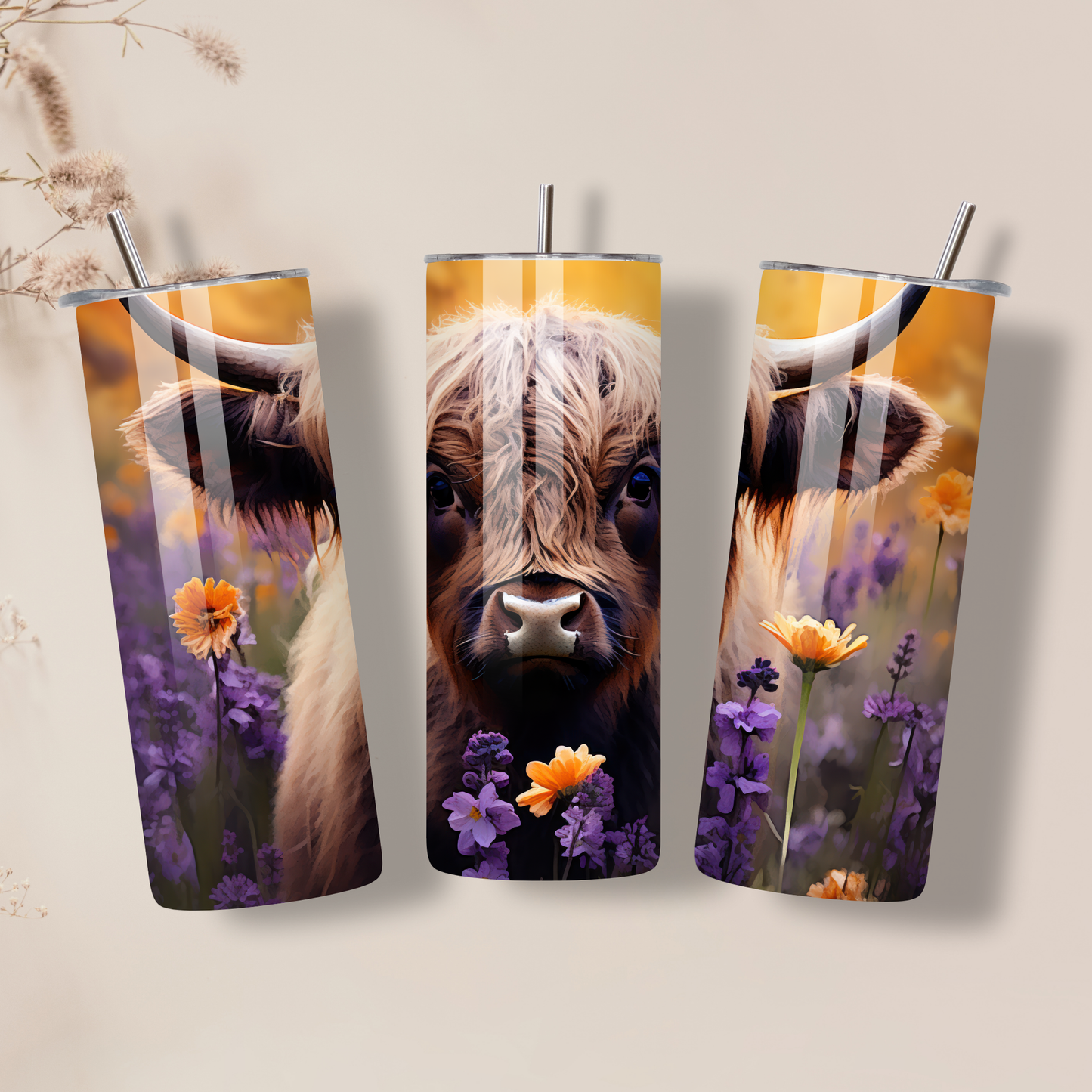 Highland Cow Wildflower Stainless Steel Tumbler – 20oz