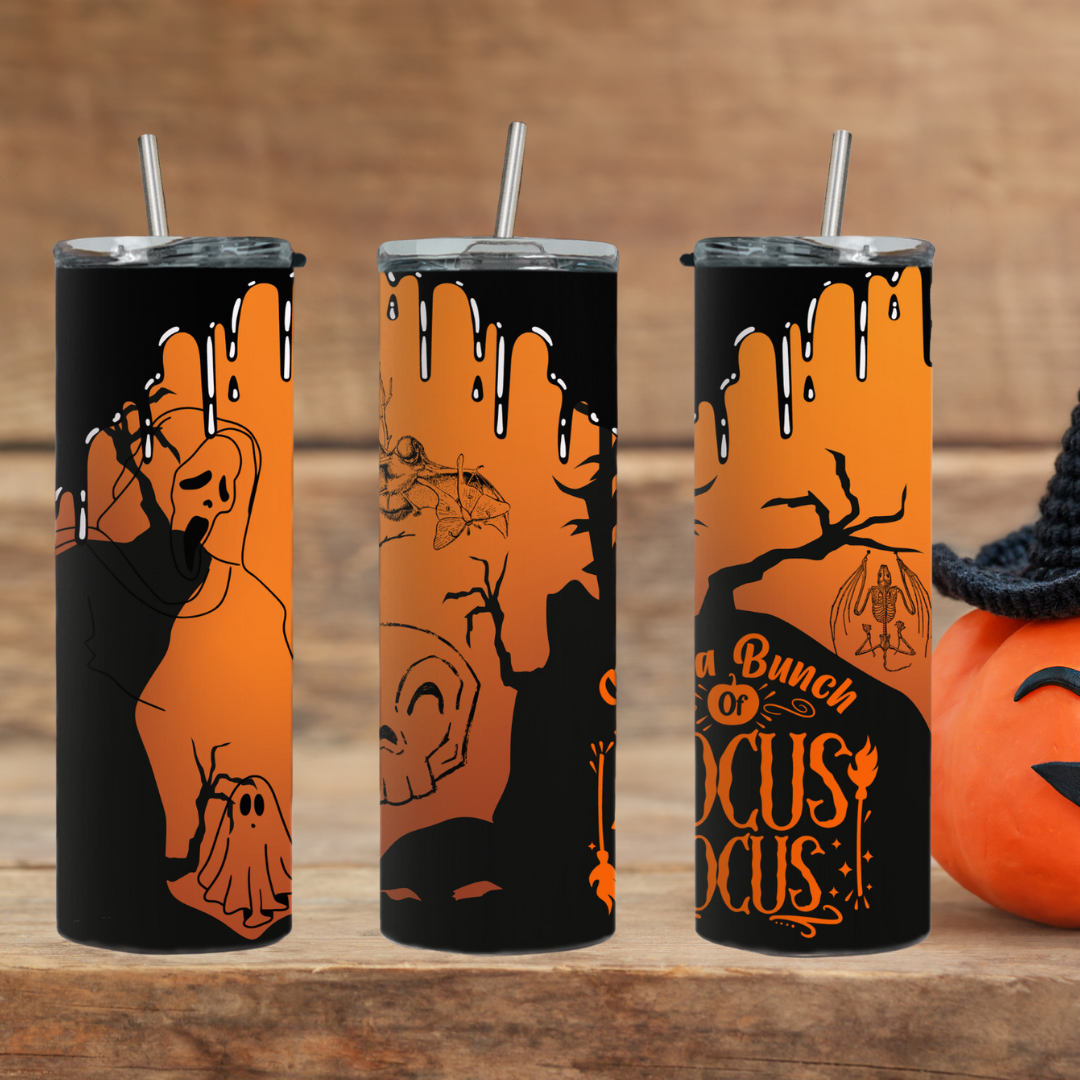 Expertly crafted for all your Halloween festivities, the Hocus Focus Tumbler keeps your drinks hot or cold with its stainless steel material. Enjoy the holiday season with this stylish and versatile tumbler, perfect for any spooky occasion.