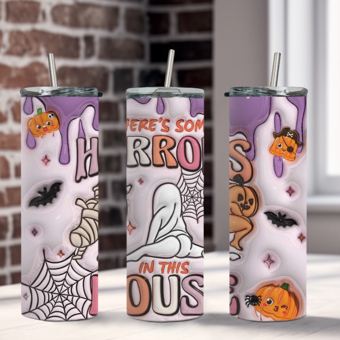 Sip in spooky style with the Horror Tumbler! This Horrors in this House Tumbler is perfect for horror movie nights, Halloween parties, or just for adding a touch of spooky fun to your daily beverages. So don't be scared, grab this tumbler and enjoy your drinks with a twist of horror!