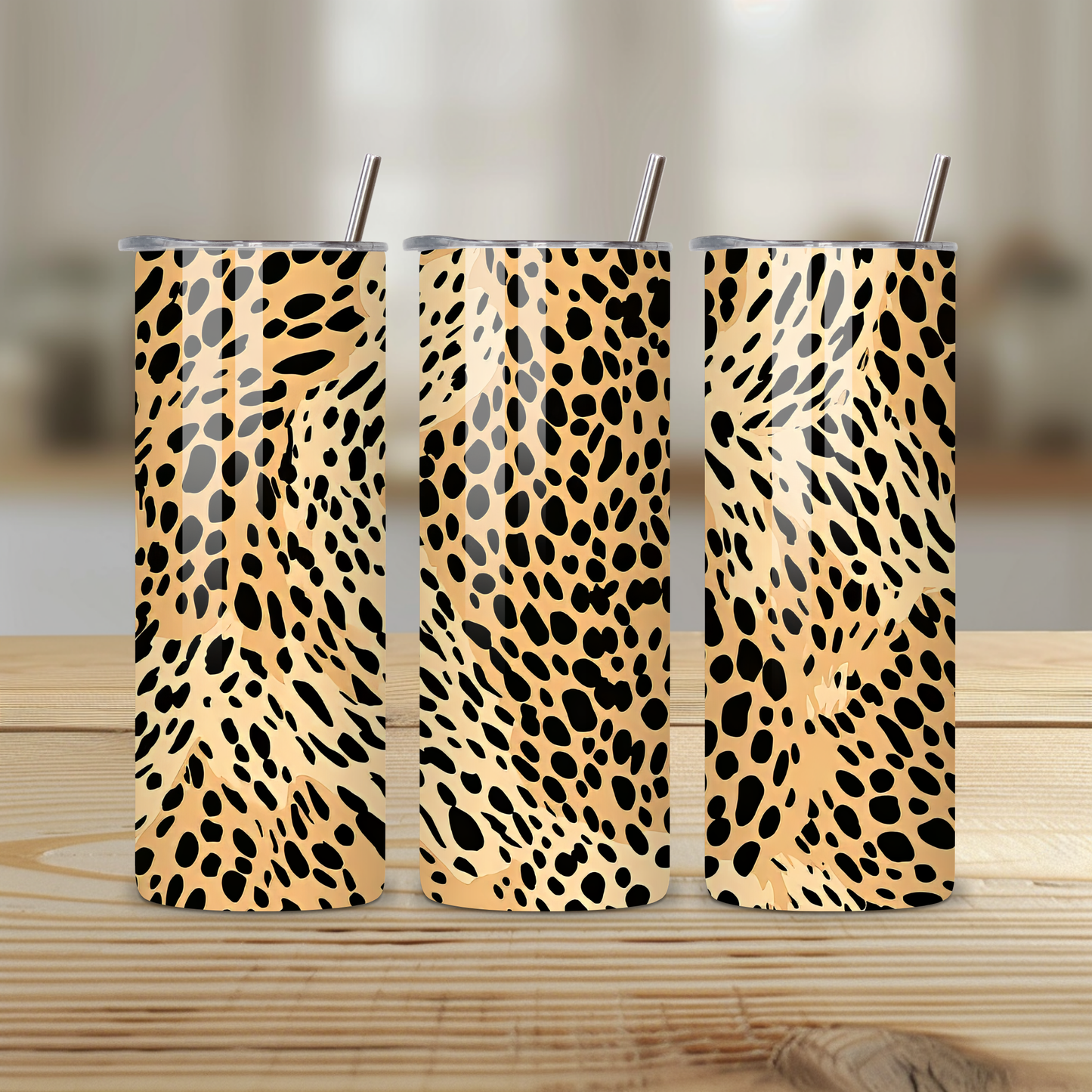 Leopard Print Stainless Steel Tumbler with Straw