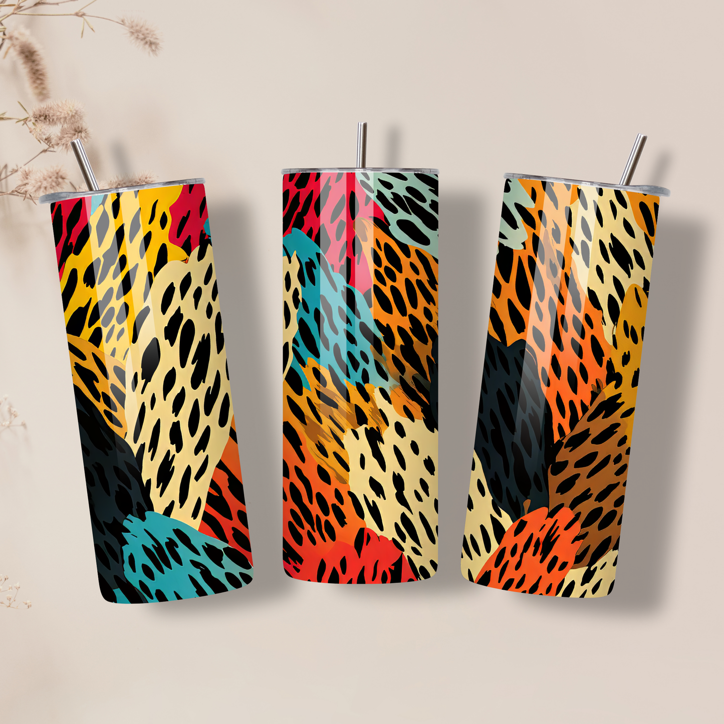 Wild Vibes 20oz Skinny Tumbler – Colorful Leopard Print