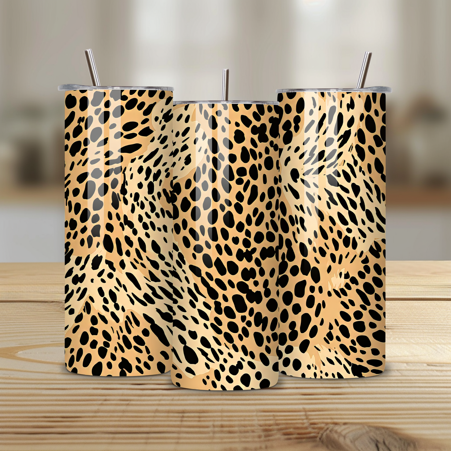 Leopard Print Stainless Steel Tumbler with Straw