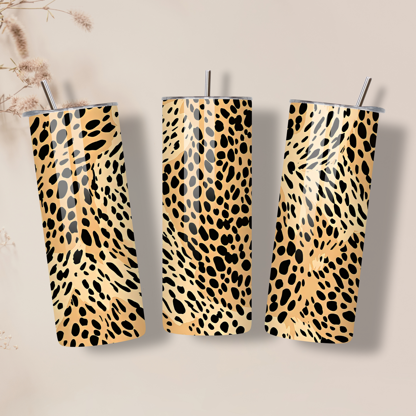 Leopard Print Stainless Steel Tumbler with Straw