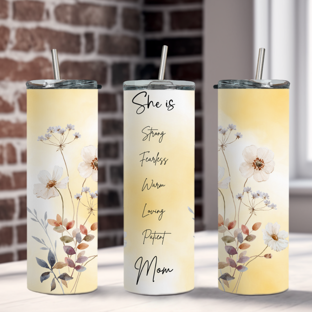 She Is Mom – Floral Yellow 20oz Tumbler for Mother’s Day