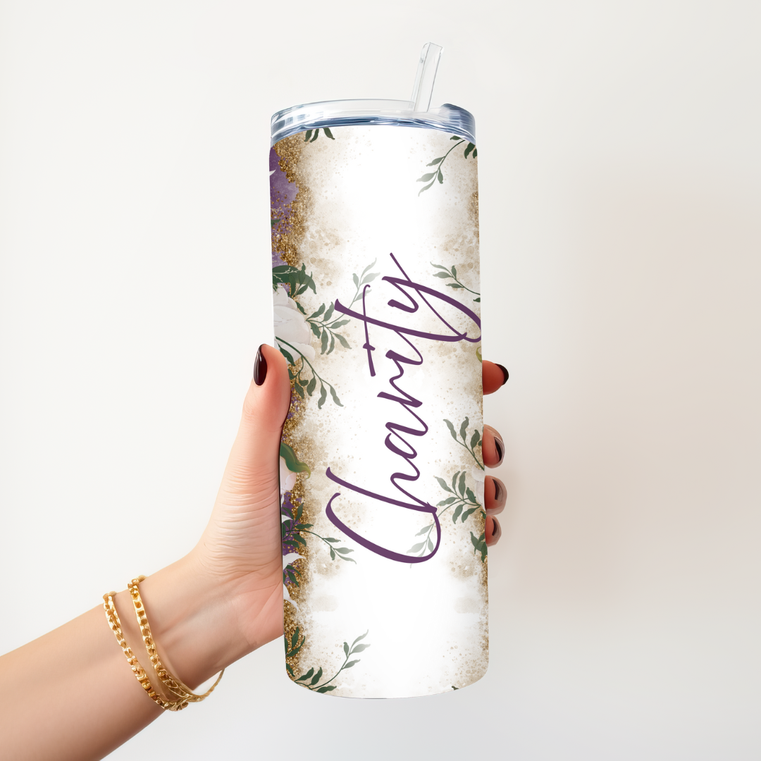 Personalized Purple Gold Floral Skinny Tumbler