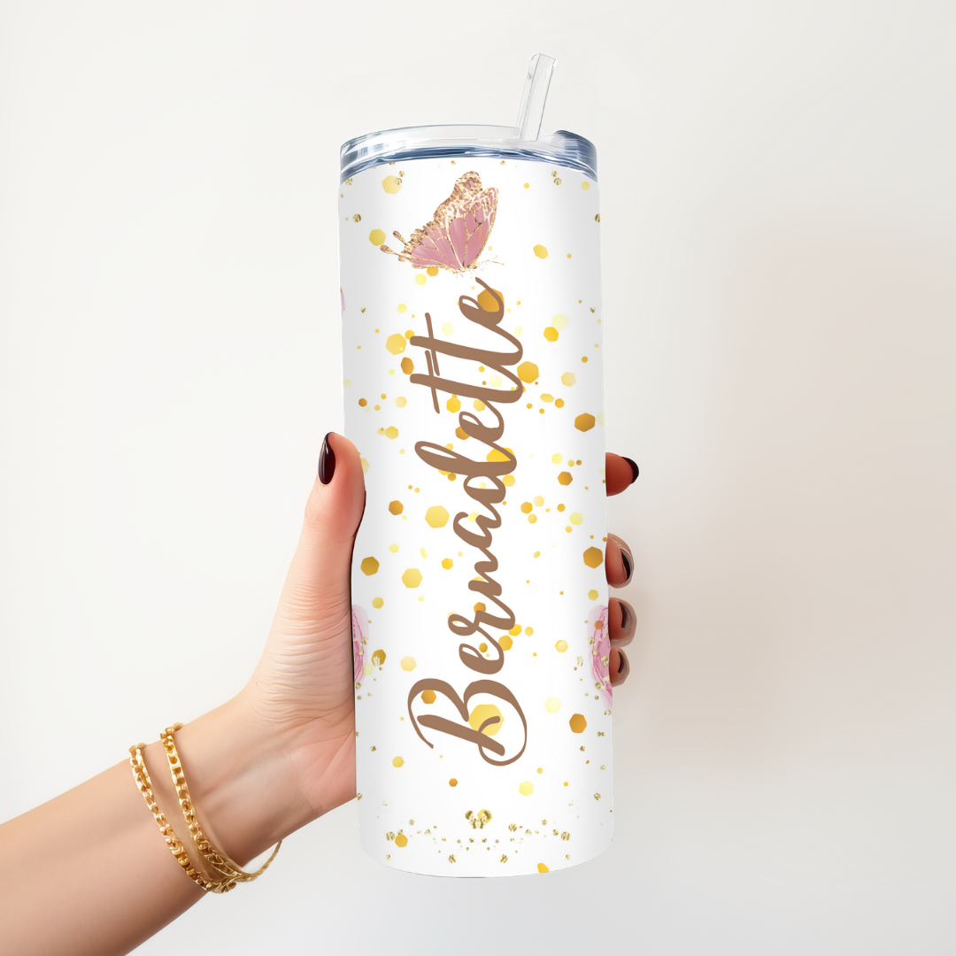 Personalized Glitter Floral Tumbler – Custom Name 20oz Stainless Steel