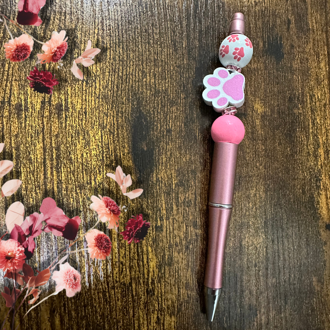 Pink Paw Ballpoint Pen with Silicone Beads