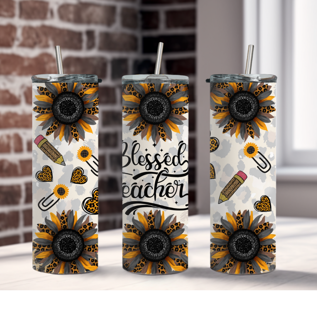 Leopard Sunflower Blessed Teacher Tumbler