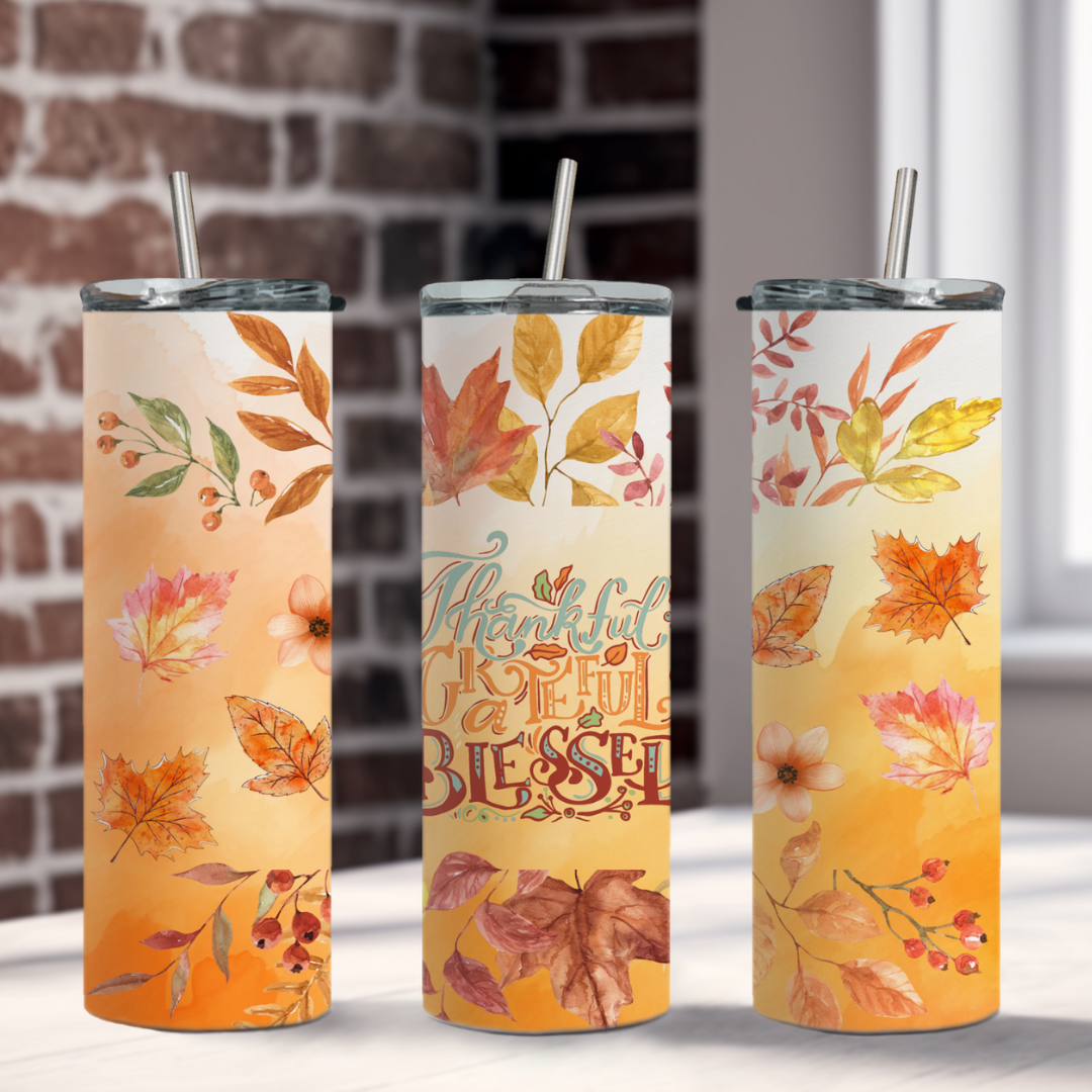Show your gratitude this fall with our Thankful Grateful Blessed Tumbler. Keep your favorite drink hot or cold while spreading positive vibes. Perfect for the season of giving. Stay thankful, grateful, and blessed with every sip.