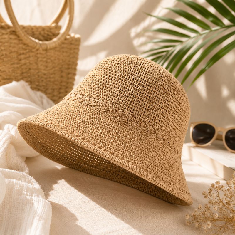Beige straw hat on a light fabric surface with a woven bag and sunglasses in the background.-Designs by Berniemae