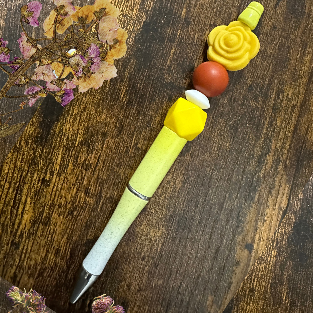 Yellow Flower Beaded Ballpoint Blank Ink Pen
