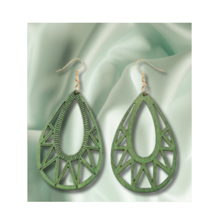 Green Wooden Hollow Water Drop Shaped Dangle Earrings For Women