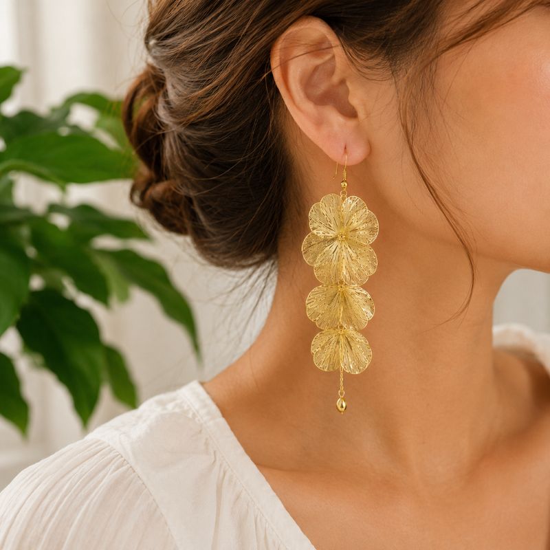 Artful Filigree Flower Drop Earrings worn by a person with a blurred background