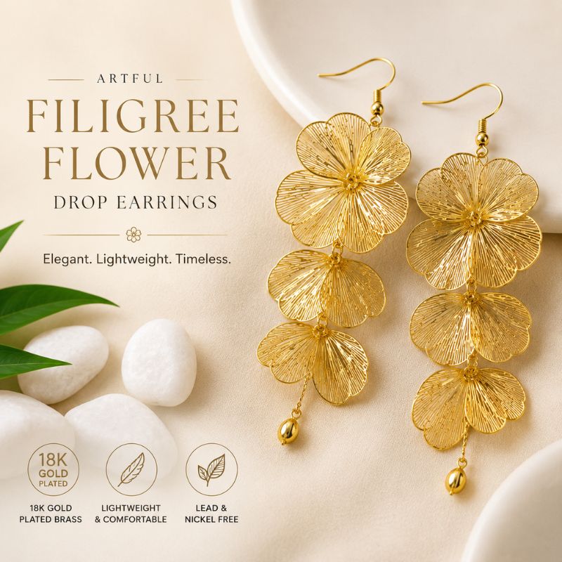 Artful Filigree Flower Drop Earrings on a beige background with text describing features.