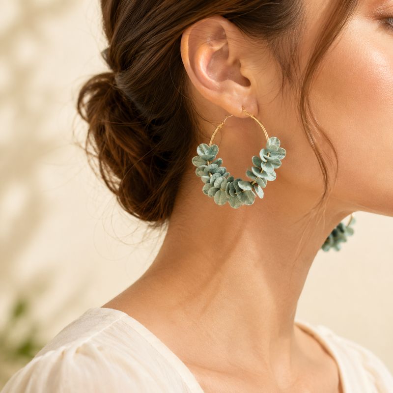 Close-up of a woman wearing light blue floral hoop earrings with a blurred natural background.