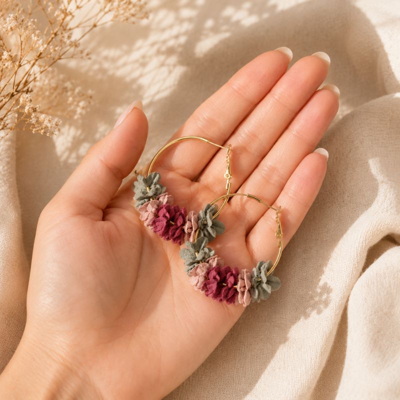 Hand holding a pair of floral hoop earrings with a beige fabric background