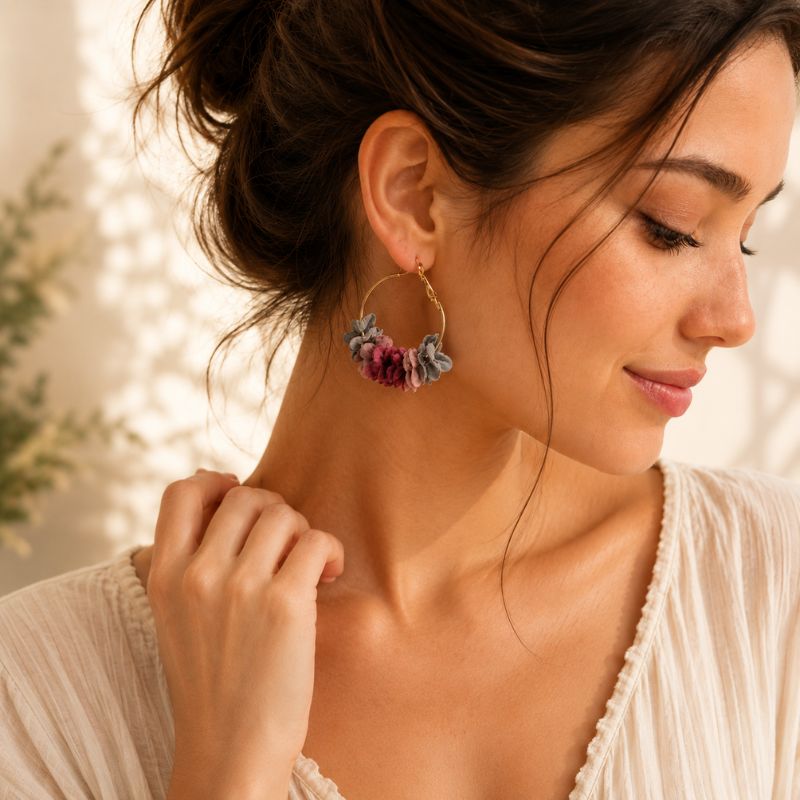 Woman wearing floral hoop earrings with a blurred background