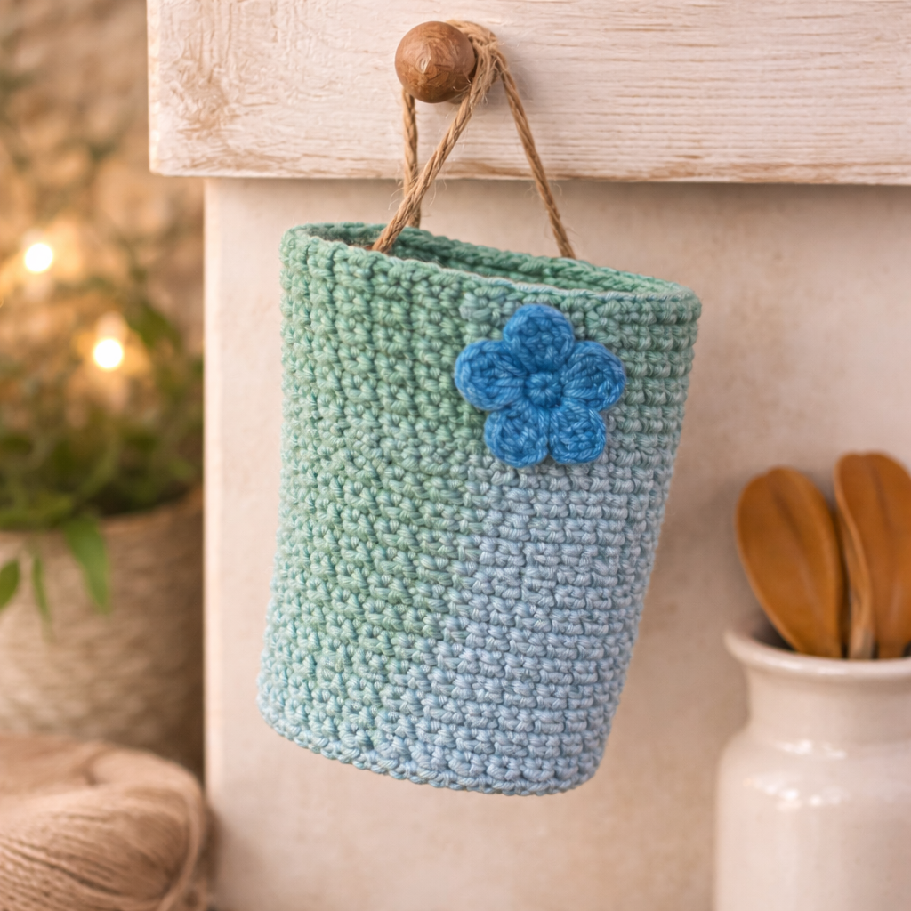 Crocheted wall hanging basket with a blue flower on a neutral background