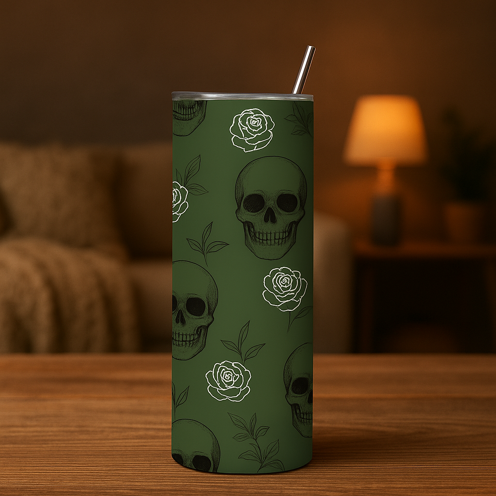 Subtle Skulls & Roses 20oz Skinny Tumbler | Gothic Fall Drinkware | Personalized Gift