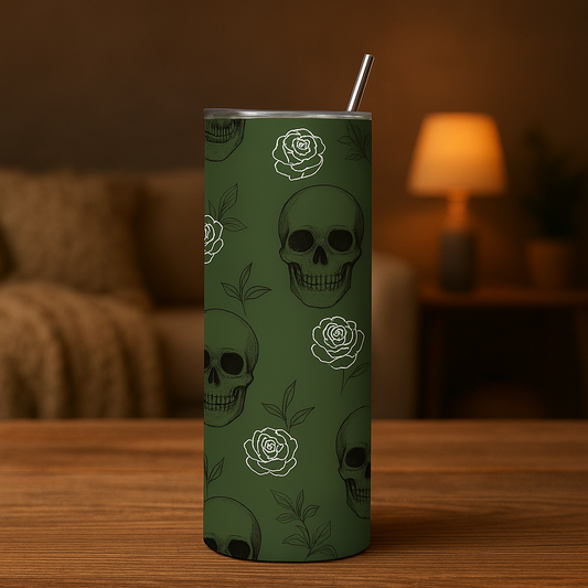Subtle Skulls & Roses 20oz Skinny Tumbler | Gothic Fall Drinkware | Personalized Gift