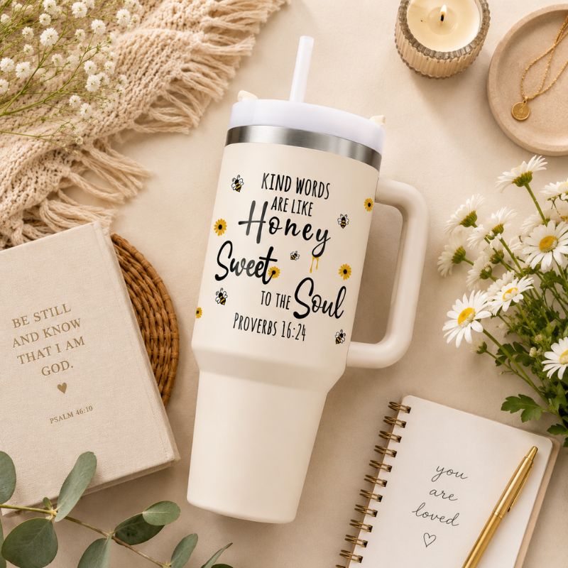 White mug with motivational quote on a table with flowers and books