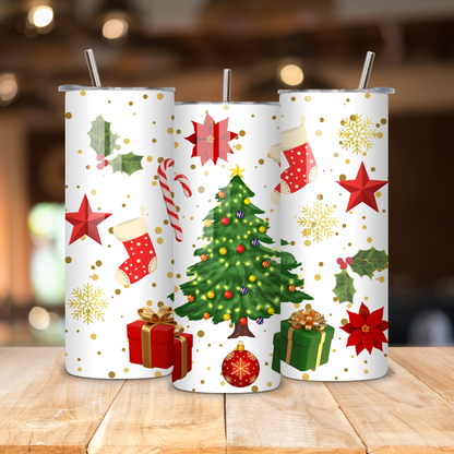 Christmas 20oz Skinny Tumbler – Holiday Tree & Gift Pattern • Insulated Stainless Steel Cup with Straw