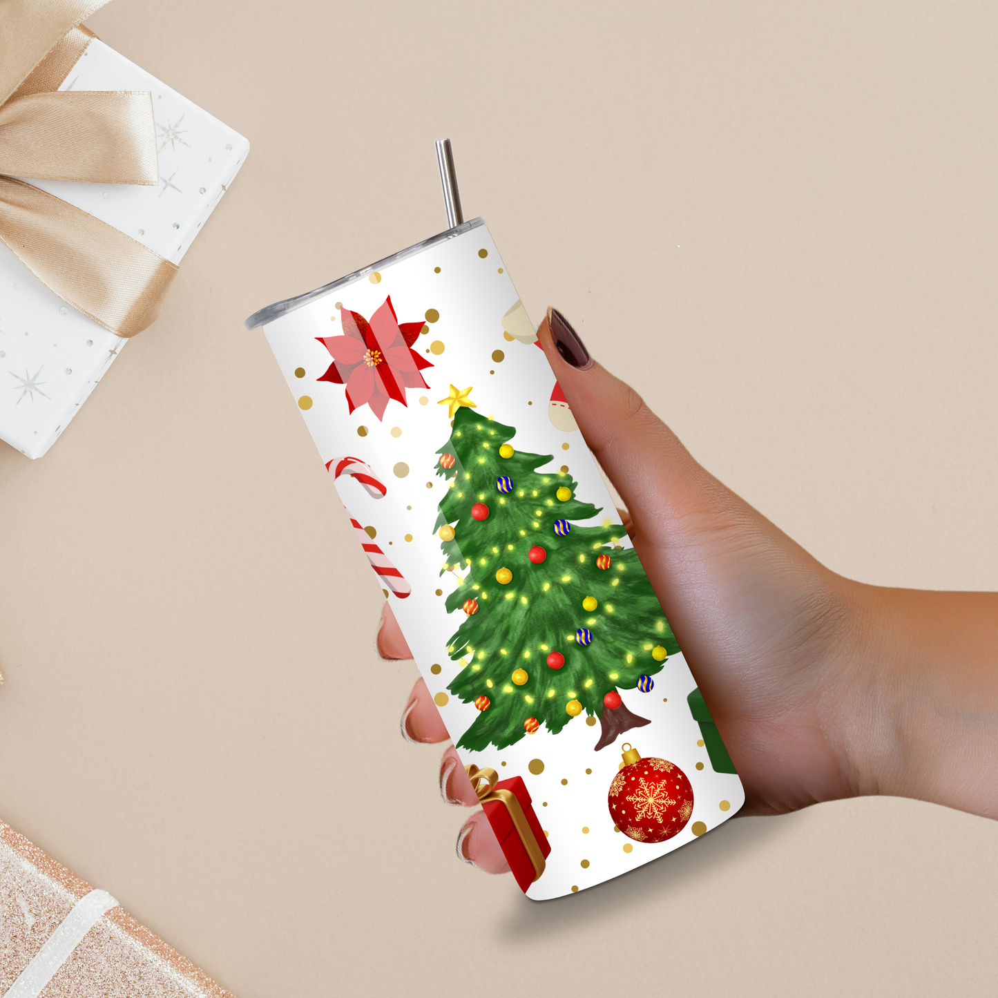 Christmas 20oz Skinny Tumbler – Holiday Tree & Gift Pattern • Insulated Stainless Steel Cup with Straw