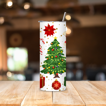 Christmas 20oz Skinny Tumbler – Holiday Tree & Gift Pattern • Insulated Stainless Steel Cup with Straw