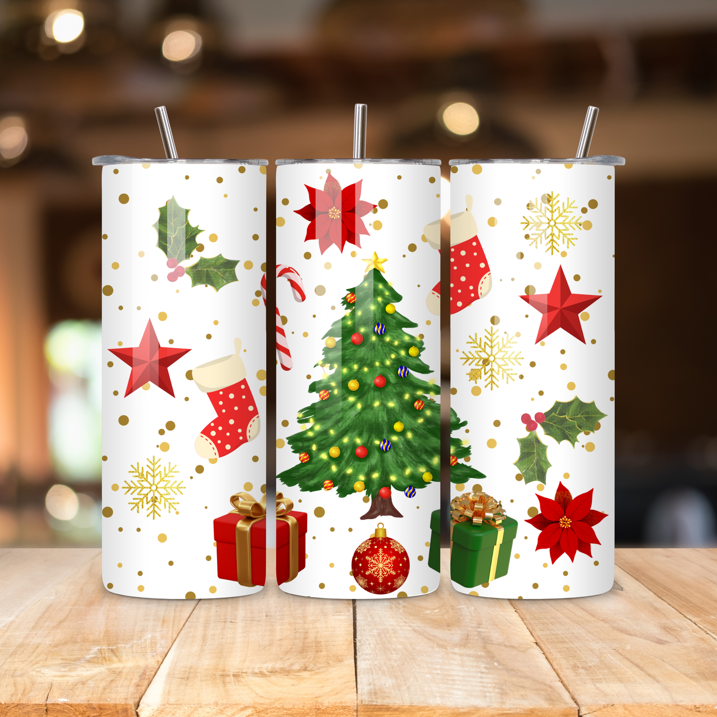 Christmas 20oz Skinny Tumbler – Holiday Tree & Gift Pattern • Insulated Stainless Steel Cup with Straw
